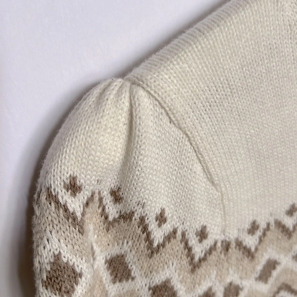 J. Crew 100% Cotton Fair Isle Ivory Brown Crewneck Sweater Puff Slv Sz M SOOL